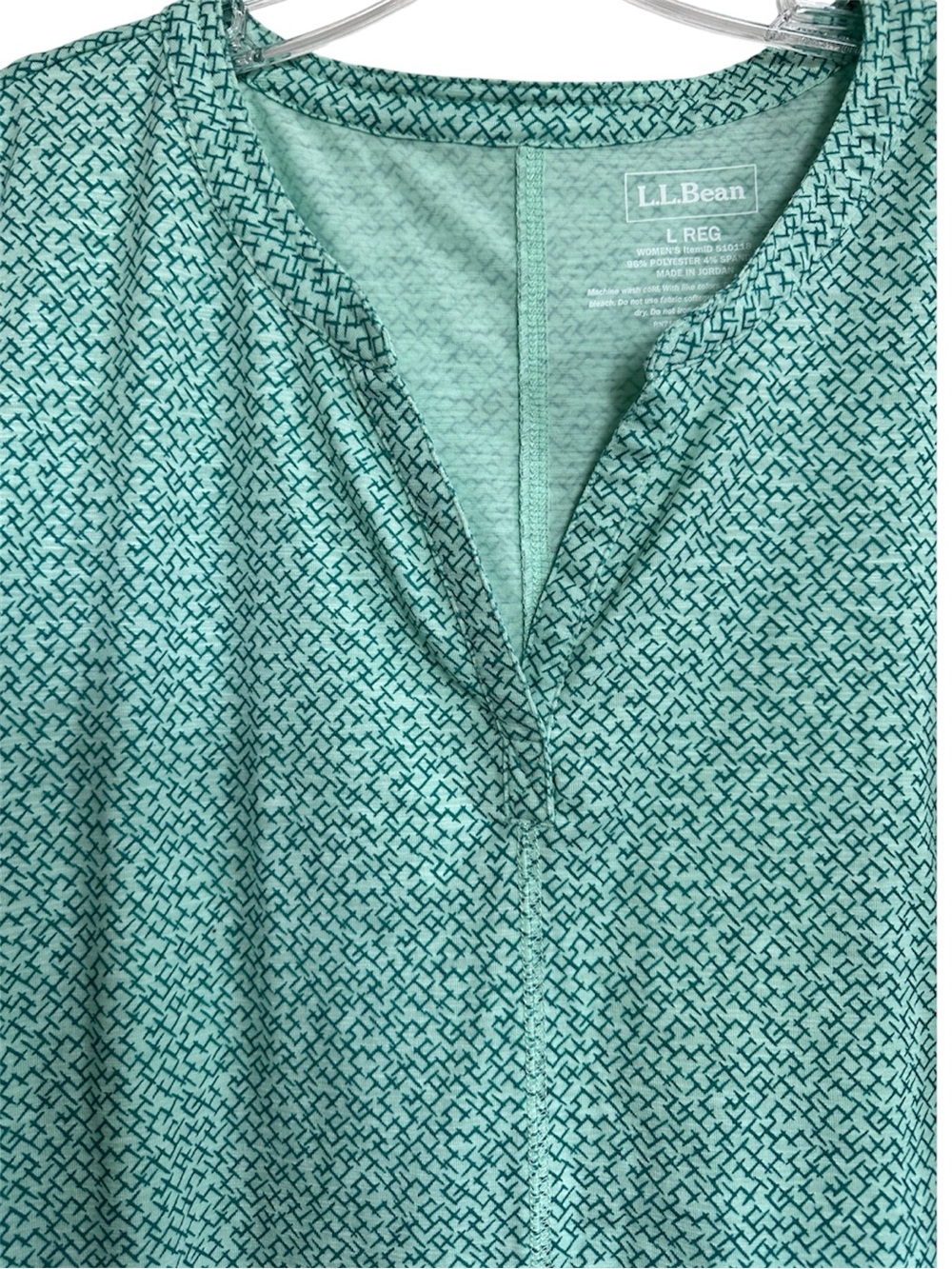L.L. Bean Seafoam Green Short Sleeve V-Neck Tunic with Geometric Print - Picture 2 of 7